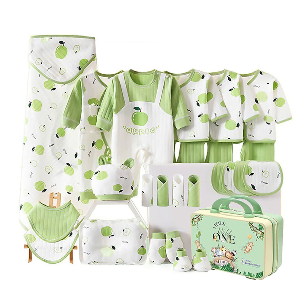 25 Pcs Green Apple Newborn Baby Girl/ Boy All Season Wear Gift Hamper With Suitcase - Little Surprise Box25 Pcs Green Apple Newborn Baby Girl/ Boy All Season Wear Gift Hamper With Suitcase