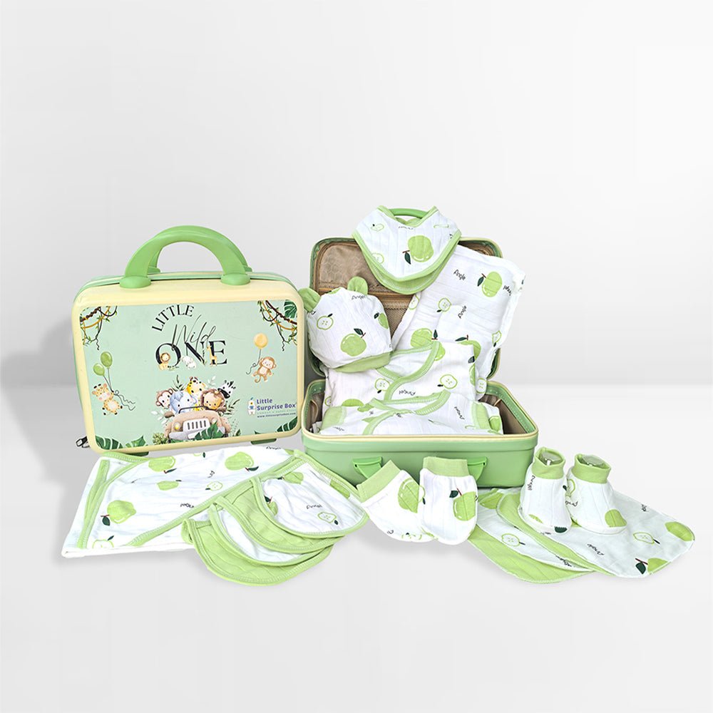 25 Pcs Green Apple Newborn Baby Girl/ Boy All Season Wear Gift Hamper With Suitcase - Little Surprise Box25 Pcs Green Apple Newborn Baby Girl/ Boy All Season Wear Gift Hamper With Suitcase