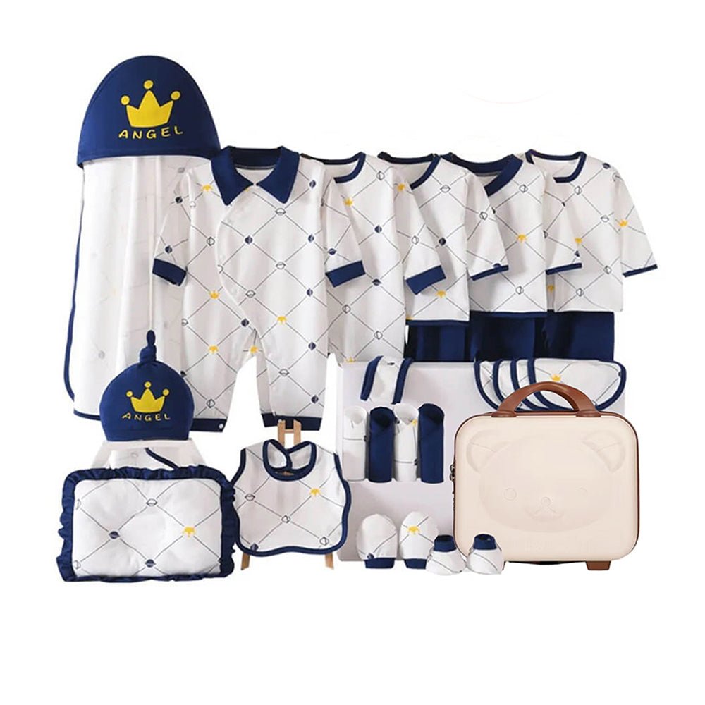 26 Pcs Blue Crown Newborn Baby Girl/ Boy All Season Wear Gift Hamper With Suitcase - Little Surprise Box26 Pcs Blue Crown Newborn Baby Girl/ Boy All Season Wear Gift Hamper With Suitcase