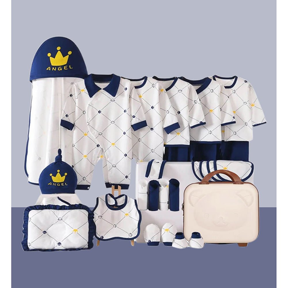 26 Pcs Blue Crown Newborn Baby Girl/ Boy All Season Wear Gift Hamper With Suitcase - Little Surprise Box26 Pcs Blue Crown Newborn Baby Girl/ Boy All Season Wear Gift Hamper With Suitcase