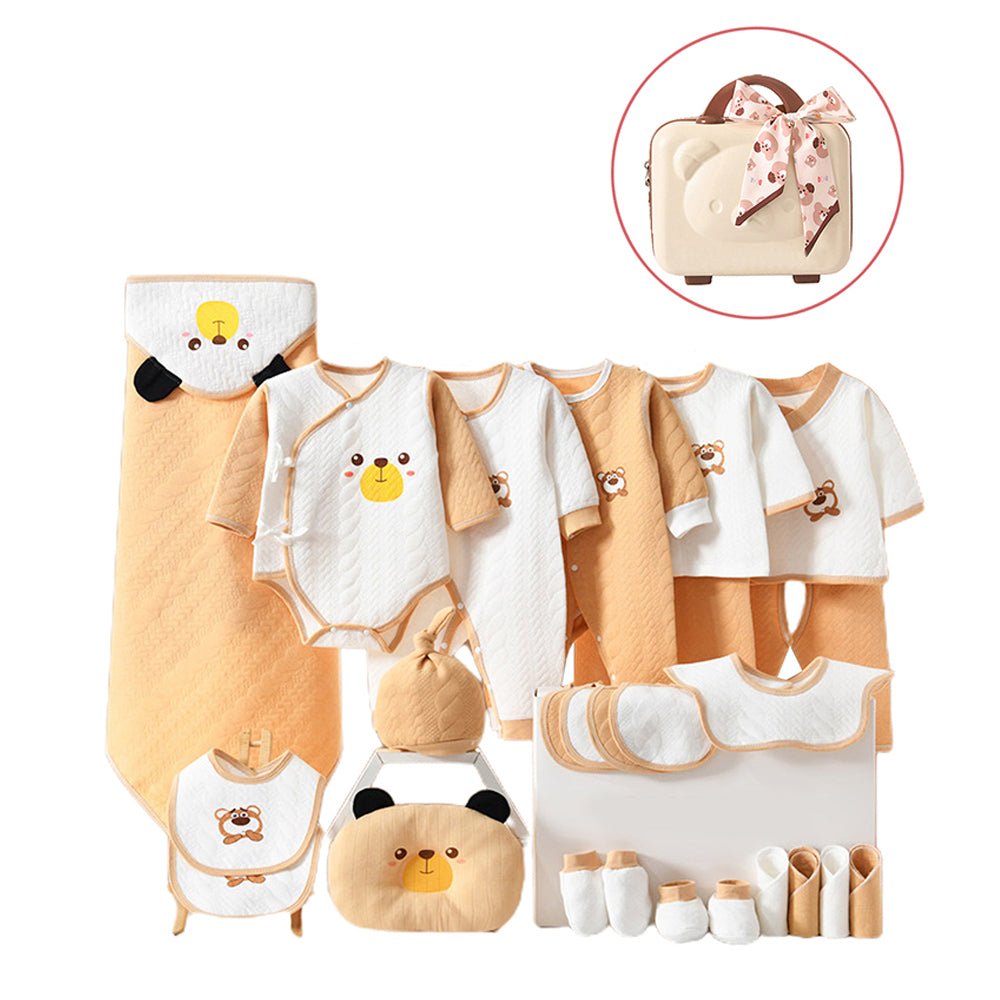 26 pcs Cream & brown Ted Mini Suitcase style Newborn Hamper for Baby Boy/Baby Girl. 0-6 months - Little Surprise Box26 pcs Cream & brown Ted Mini Suitcase style Newborn Hamper for Baby Boy/Baby Girl. 0-6 months