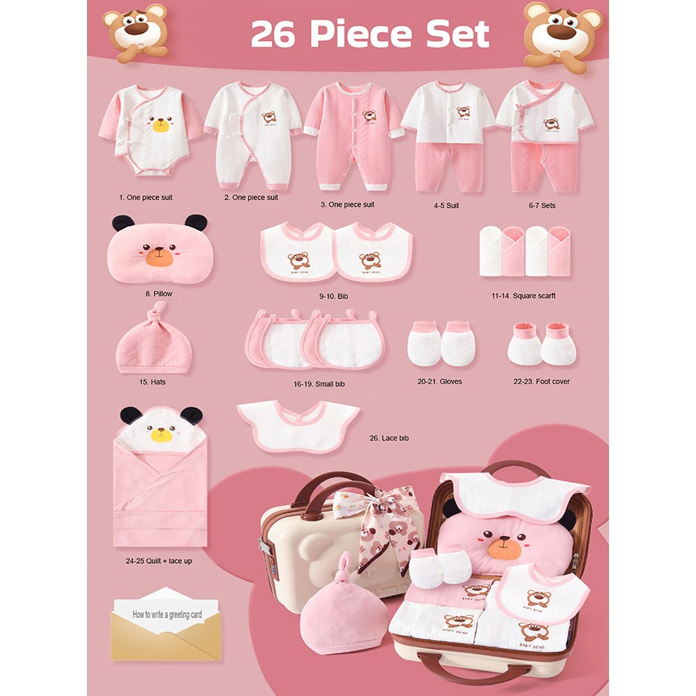 26 pcs Pink & brown Ted Mini Suitcase style Newborn Hamper for Baby Boy/Baby Girl. 0-6 months - Little Surprise Box26 pcs Pink & brown Ted Mini Suitcase style Newborn Hamper for Baby Boy/Baby Girl. 0-6 months