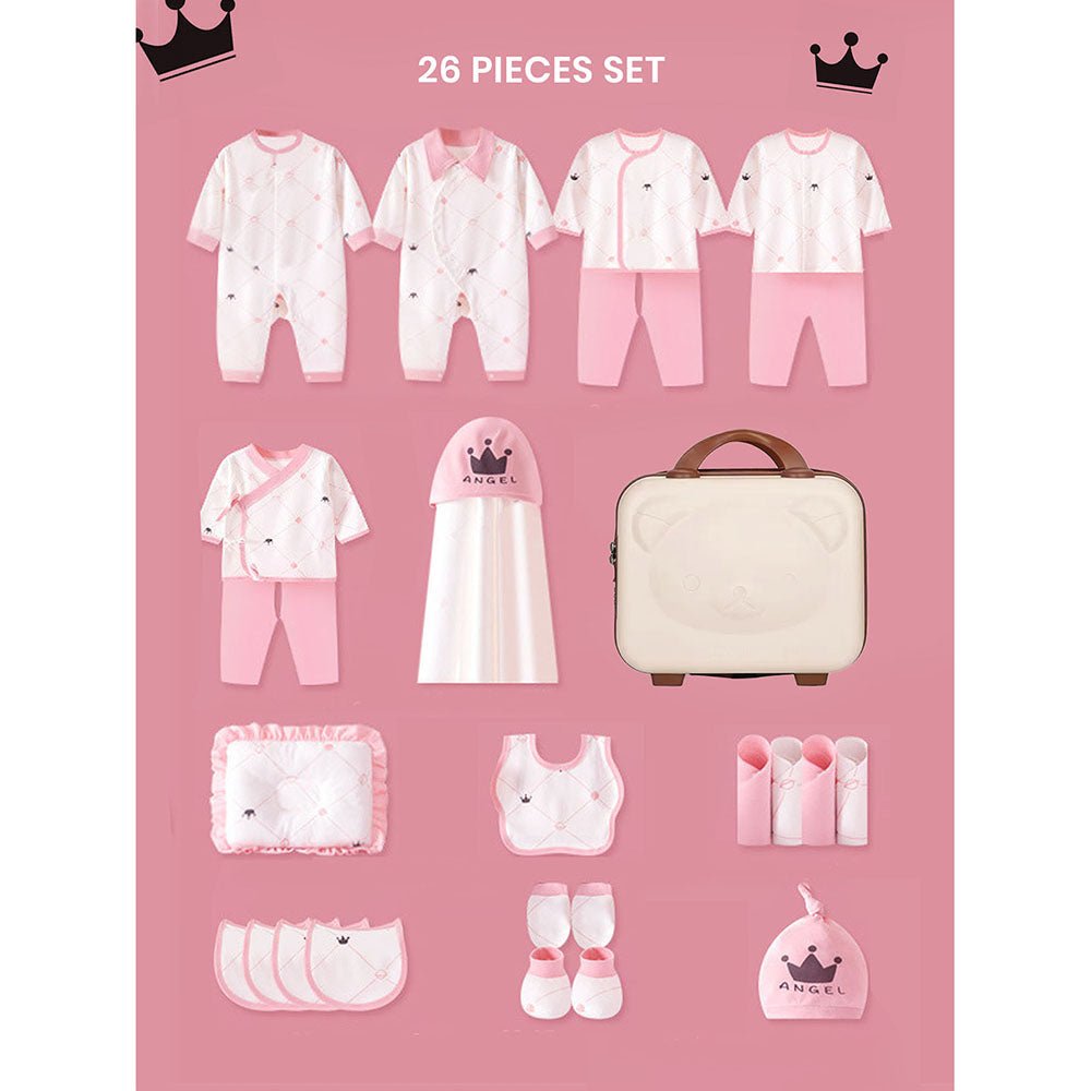 26 Pcs Pink Tiara Newborn Baby Girl/ Boy All Season Wear Gift Hamper With Suitcase - Little Surprise Box26 Pcs Pink Tiara Newborn Baby Girl/ Boy All Season Wear Gift Hamper With Suitcase