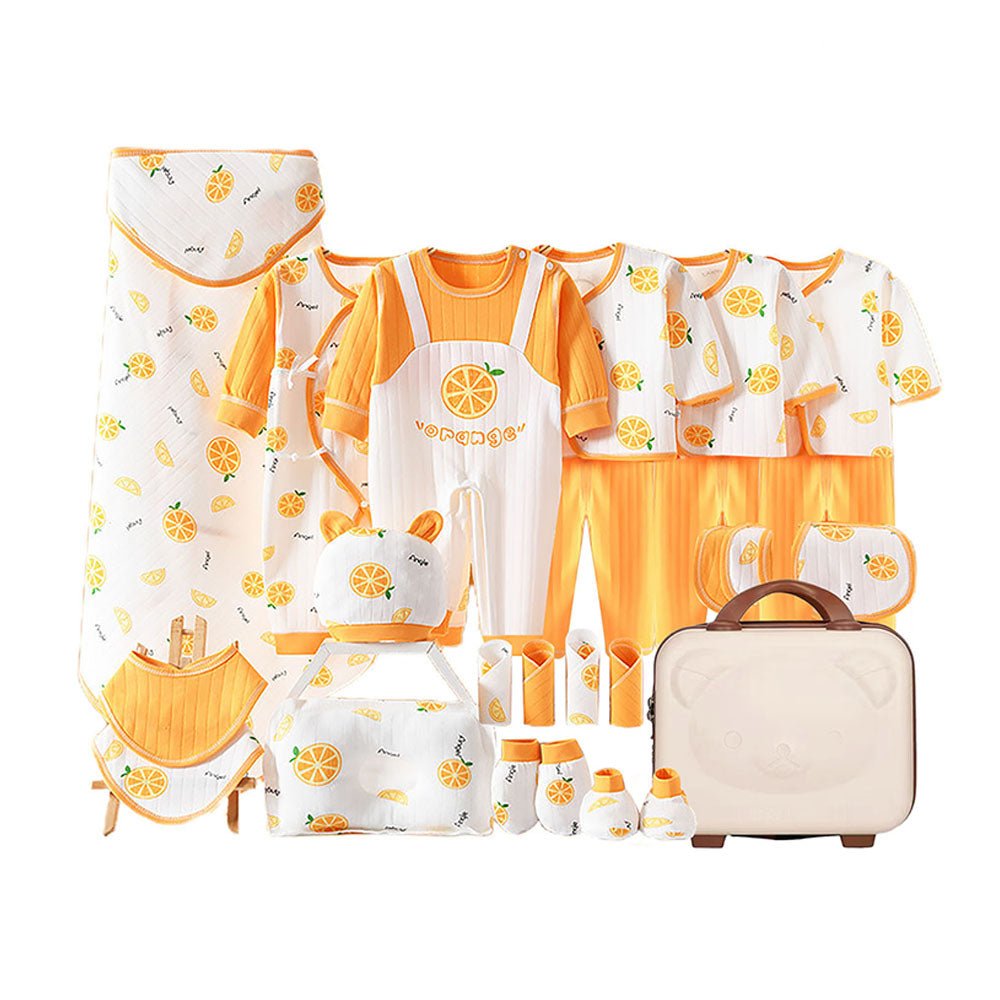 27 Pcs Orangy Kick Newborn Baby Girl/ Boy All Season Wear Gift Hamper With Suitcase - Little Surprise Box27 Pcs Orangy Kick Newborn Baby Girl/ Boy All Season Wear Gift Hamper With Suitcase