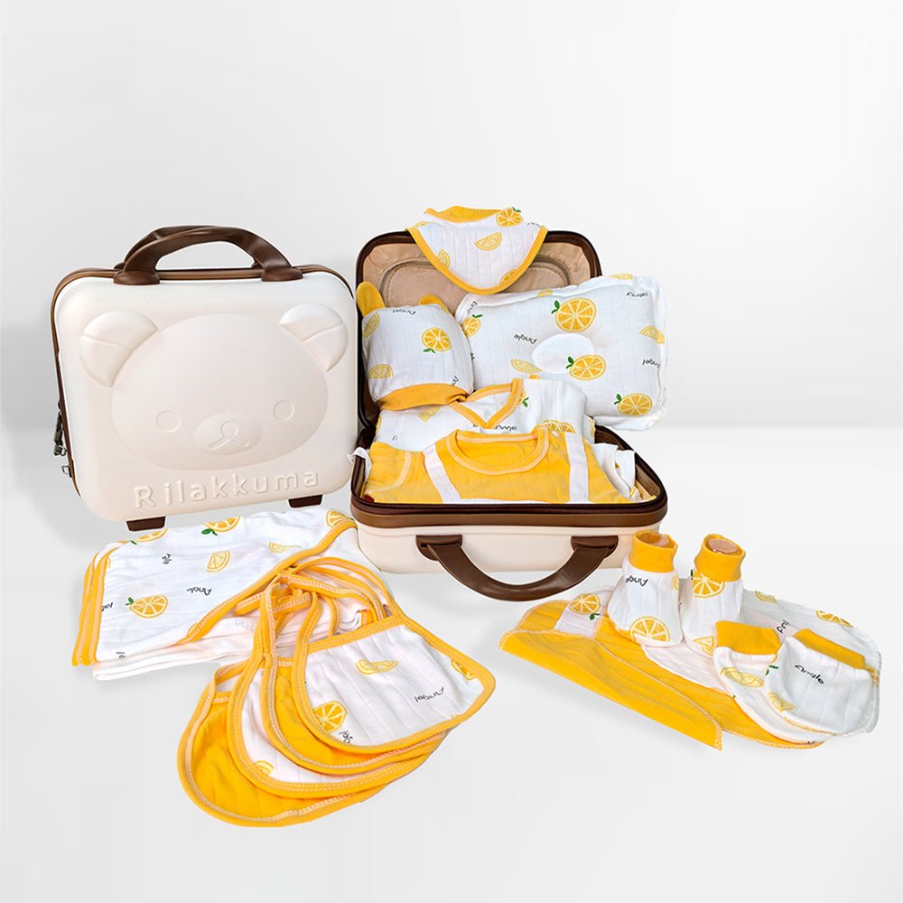 27 Pcs Orangy Kick Newborn Baby Girl/ Boy All Season Wear Gift Hamper With Suitcase - Little Surprise Box27 Pcs Orangy Kick Newborn Baby Girl/ Boy All Season Wear Gift Hamper With Suitcase