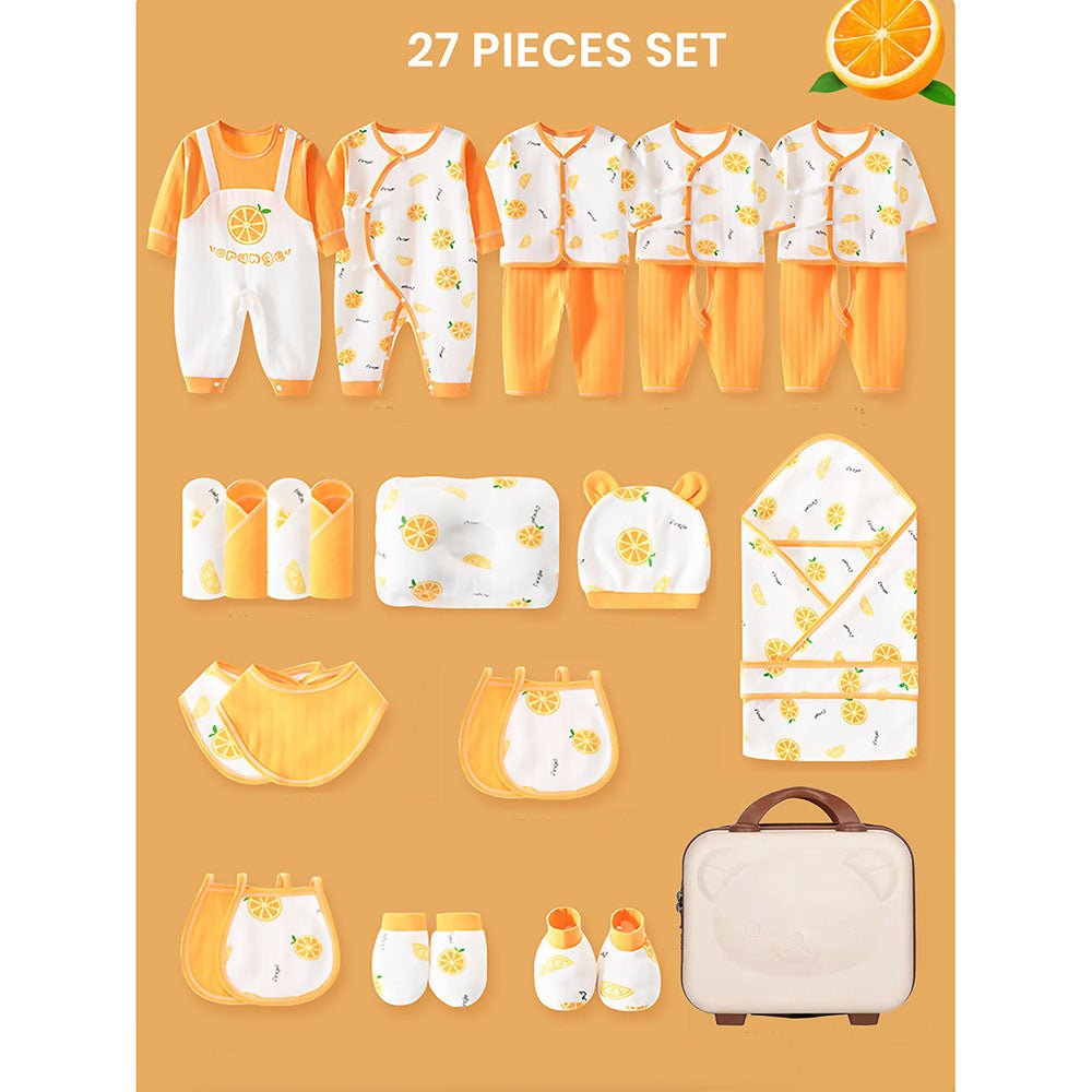 27 Pcs Orangy Kick Newborn Baby Girl/ Boy All Season Wear Gift Hamper With Suitcase - Little Surprise Box27 Pcs Orangy Kick Newborn Baby Girl/ Boy All Season Wear Gift Hamper With Suitcase