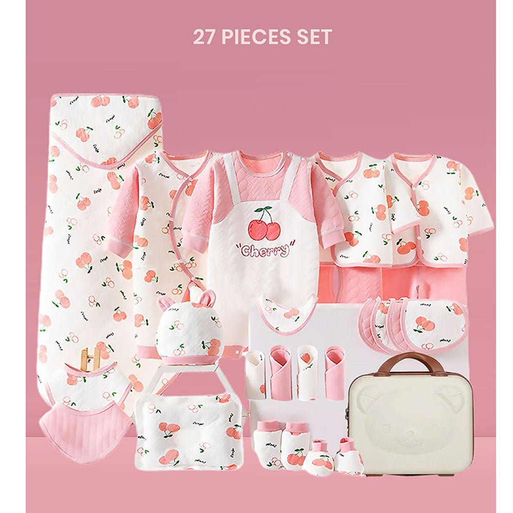 27 Pcs Pink Cherry Newborn Baby Girl/ Boy All Season Wear Gift Hamper With Suitcase - Little Surprise Box27 Pcs Pink Cherry Newborn Baby Girl/ Boy All Season Wear Gift Hamper With Suitcase