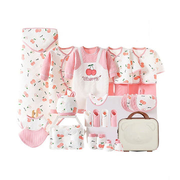 27 Pcs Pink Cherry Newborn Baby Girl/ Boy All Season Wear Gift Hamper With Suitcase - Little Surprise Box27 Pcs Pink Cherry Newborn Baby Girl/ Boy All Season Wear Gift Hamper With Suitcase