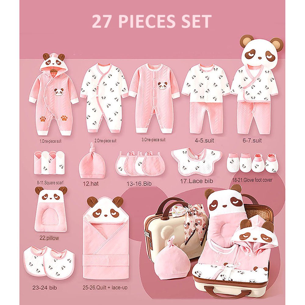 27 Pcs Pink Sleepy Panda Newborn Baby Girl/ Boy All Season Wear Gift Hamper With Suitcase - Little Surprise Box27 Pcs Pink Sleepy Panda Newborn Baby Girl/ Boy All Season Wear Gift Hamper With Suitcase