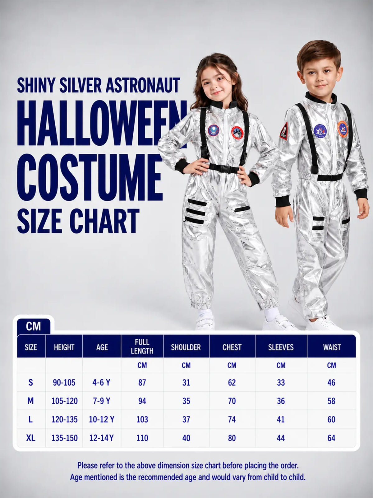 Shiny Silver Astronaut, Unisex Halloween Costume Fancy Dress Up for Kids