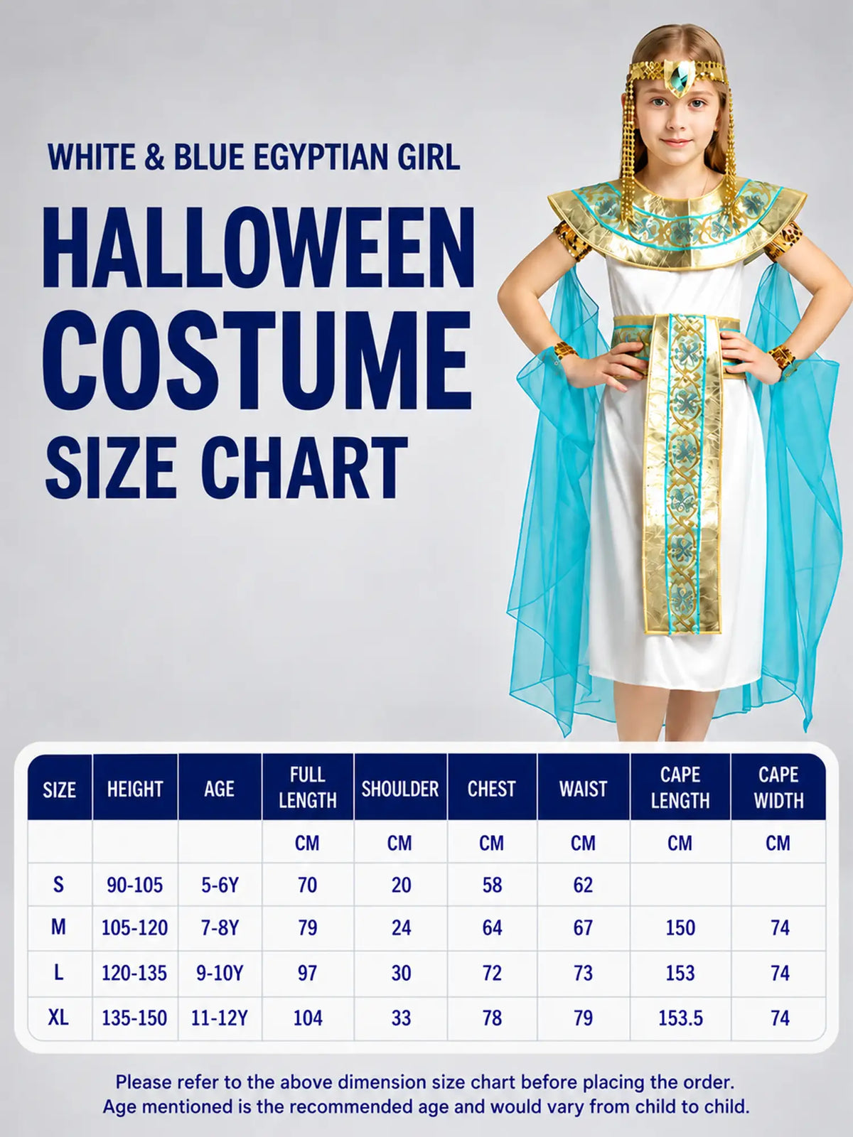 White & Blue Egyptian Girl , Kids Halloween Costume Dress Up for girls