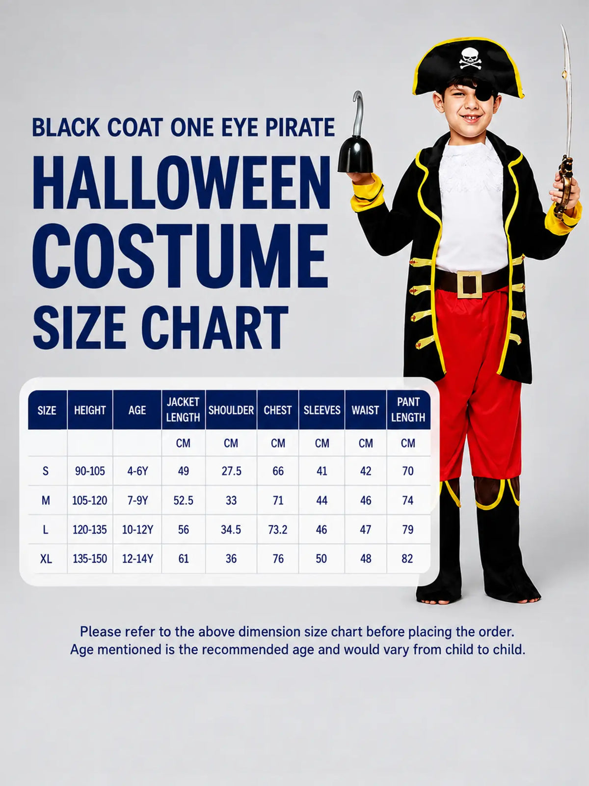 Black Coat one eye Pirate , Kids Halloween Costume Fancy Dress Up