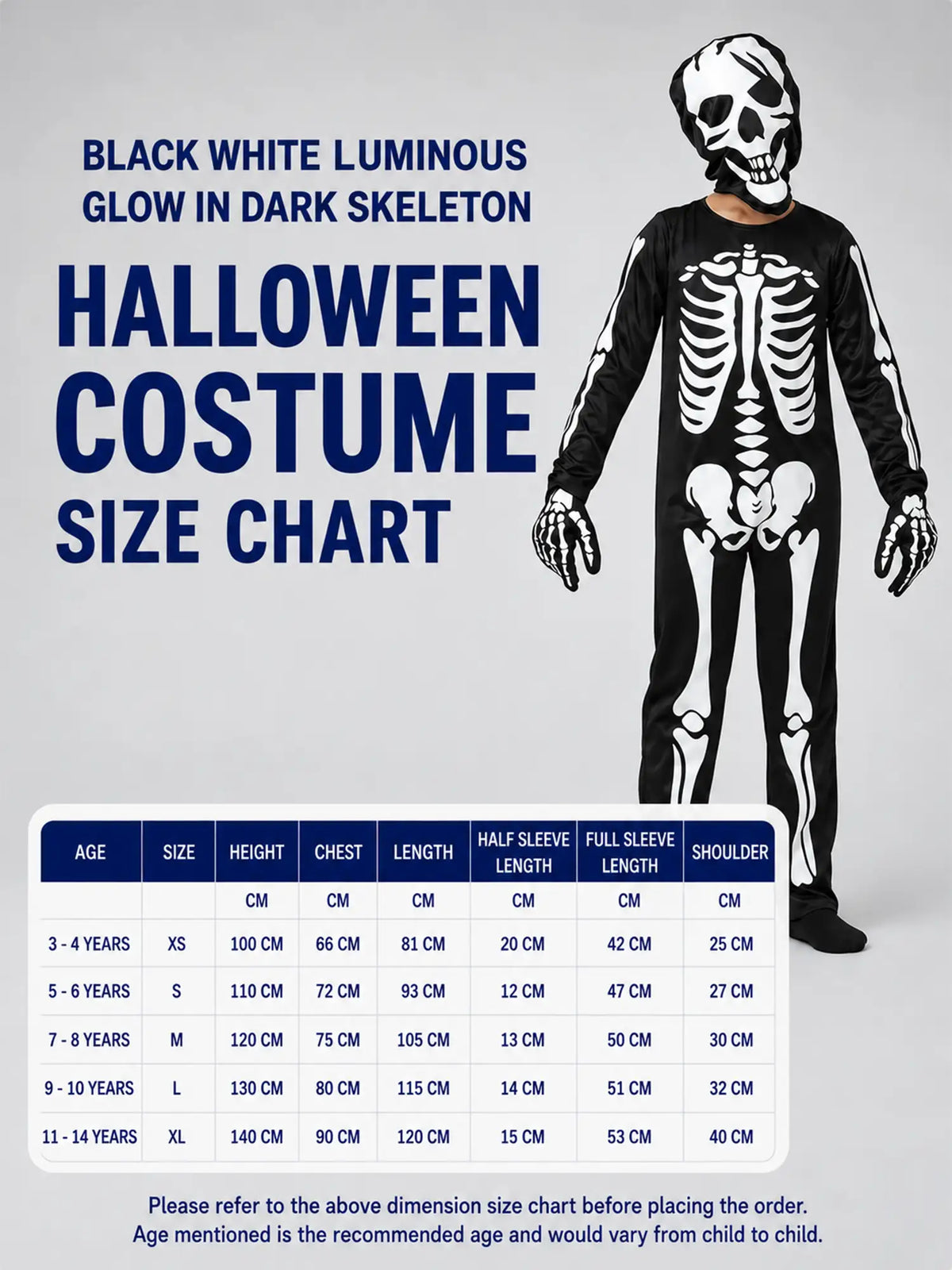 Black White Luminious Glow in Dark Skeleton Kids Halloween Costume