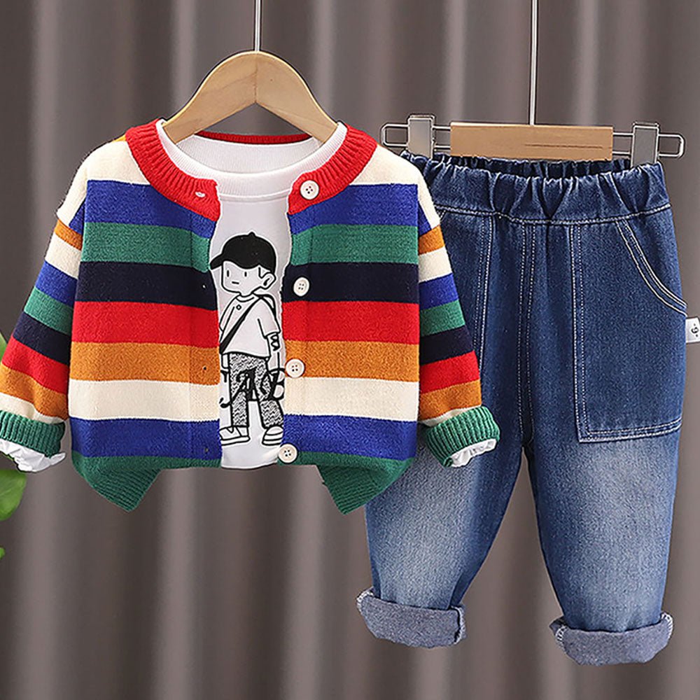 3 pcs Colorful Stripes Cardigan, tshirt/Denims set for Toddlers/Kids - Little Surprise Box3 pcs Colorful Stripes Cardigan, tshirt/Denims set for Toddlers/Kids