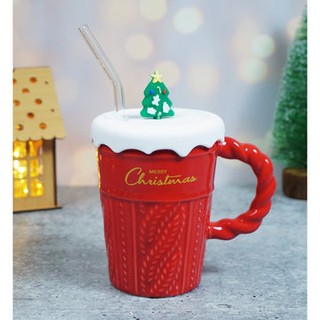 Red Self Knit Patterned ceramic christmas Coffee Mug with 3d christmas Tree Lid and Straw