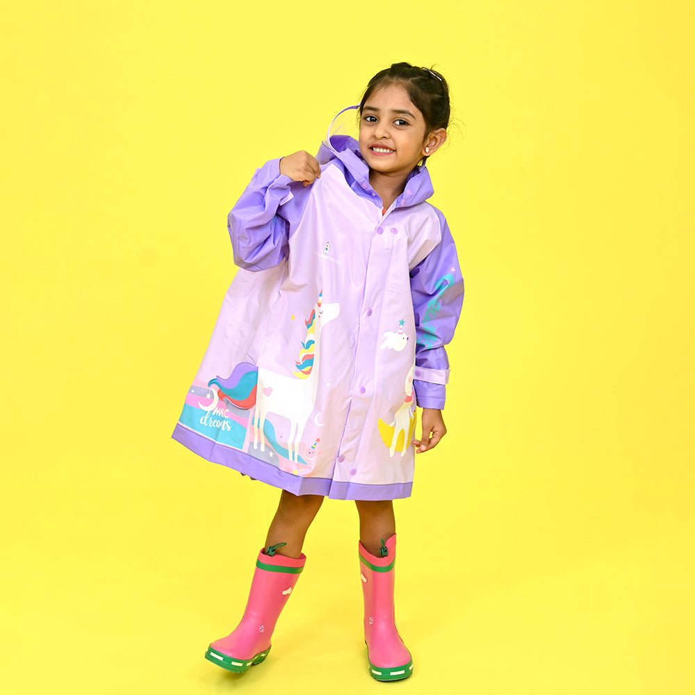 3d Unicorn Lilac Sleeves & Hood Knee Length Raincoat for Kids - Little Surprise Box3d Unicorn Lilac Sleeves & Hood Knee Length Raincoat for Kids