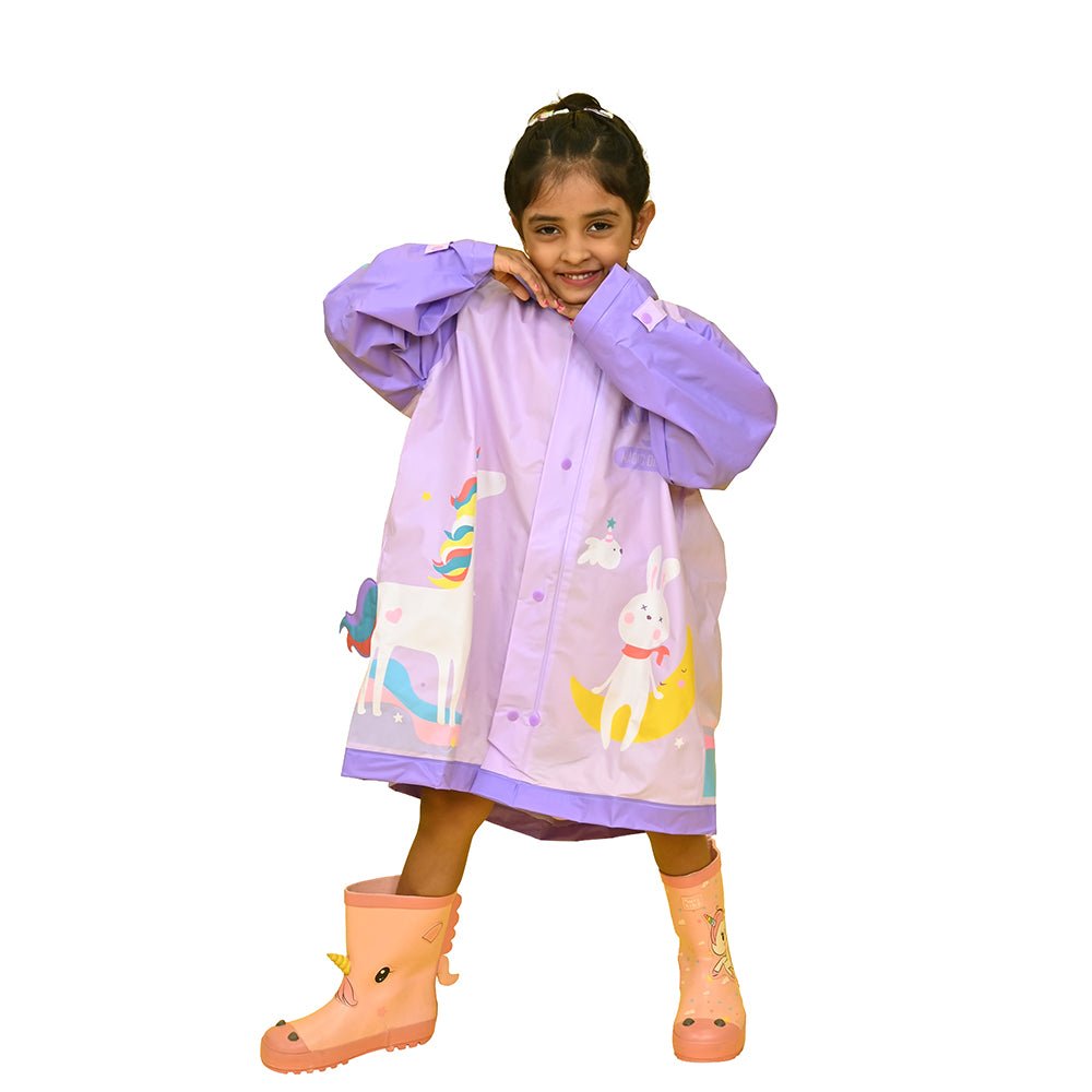 3d Unicorn Lilac Sleeves & Hood Knee Length Raincoat for Kids - Little Surprise Box3d Unicorn Lilac Sleeves & Hood Knee Length Raincoat for Kids