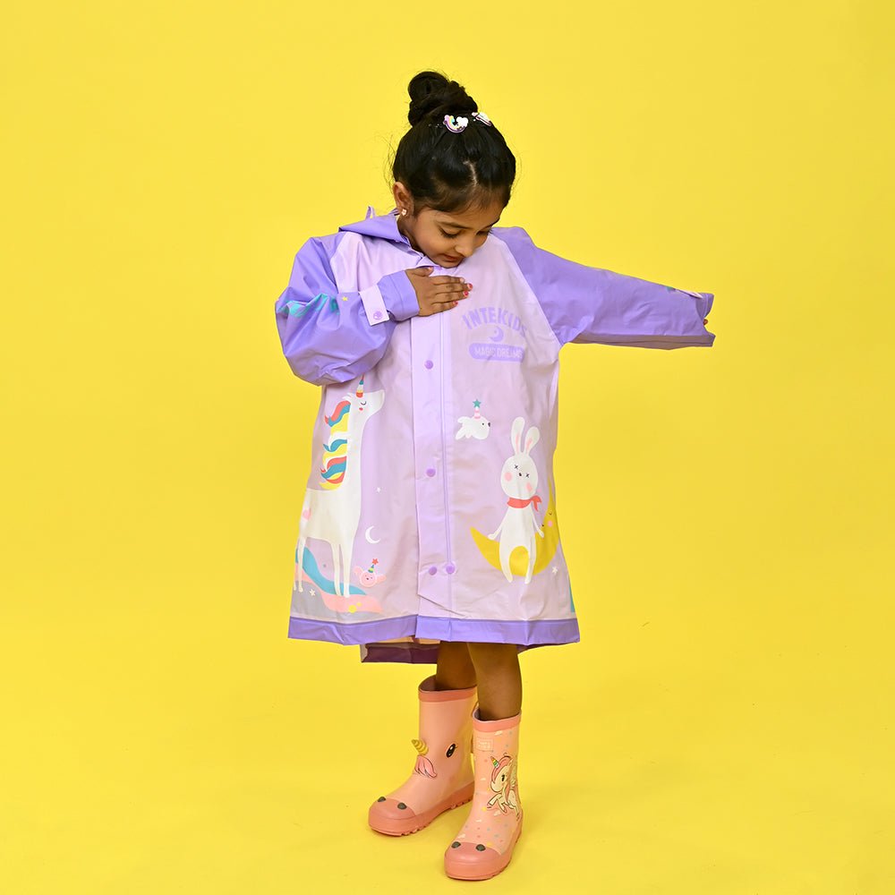 3d Unicorn Lilac Sleeves & Hood Knee Length Raincoat for Kids - Little Surprise Box3d Unicorn Lilac Sleeves & Hood Knee Length Raincoat for Kids