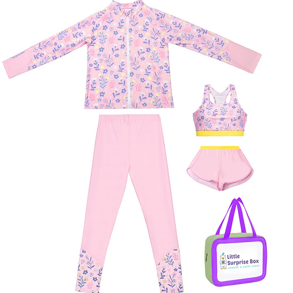 3pcs Pink Flower Power Matching Top,leggings & Jacket style Swimwear set for Pre Teens & Teens. - Little Surprise Box3pcs Pink Flower Power Matching Top,leggings & Jacket style Swimwear set for Pre Teens & Teens.