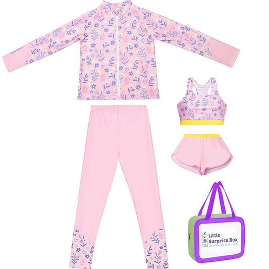 3pcs Pink Flower Power Matching Top,leggings & Jacket style Swimwear set for Pre Teens & Teens. - Little Surprise Box3pcs Pink Flower Power Matching Top,leggings & Jacket style Swimwear set for Pre Teens & Teens.