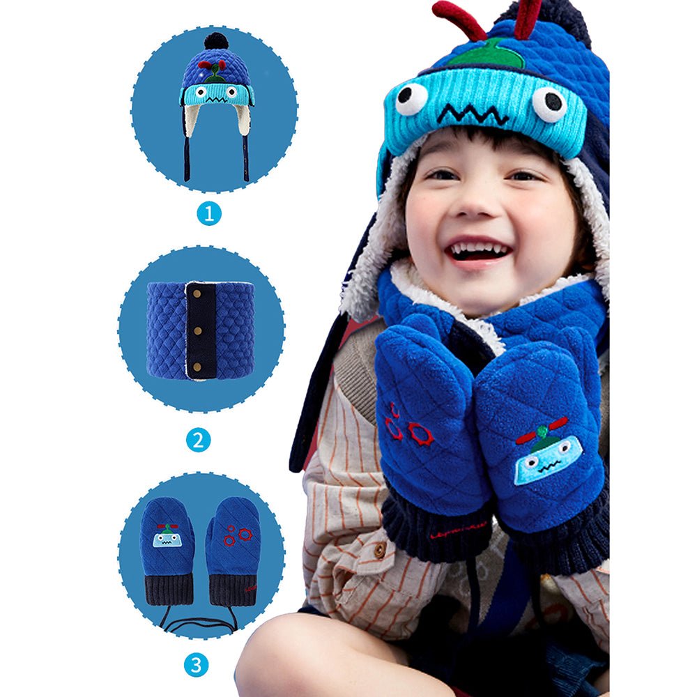 3pcs Quilted Robot Theme Winter Cap, Mufflers and Gloves - Little Surprise Box3pcs Quilted Robot Theme Winter Cap, Mufflers and Gloves