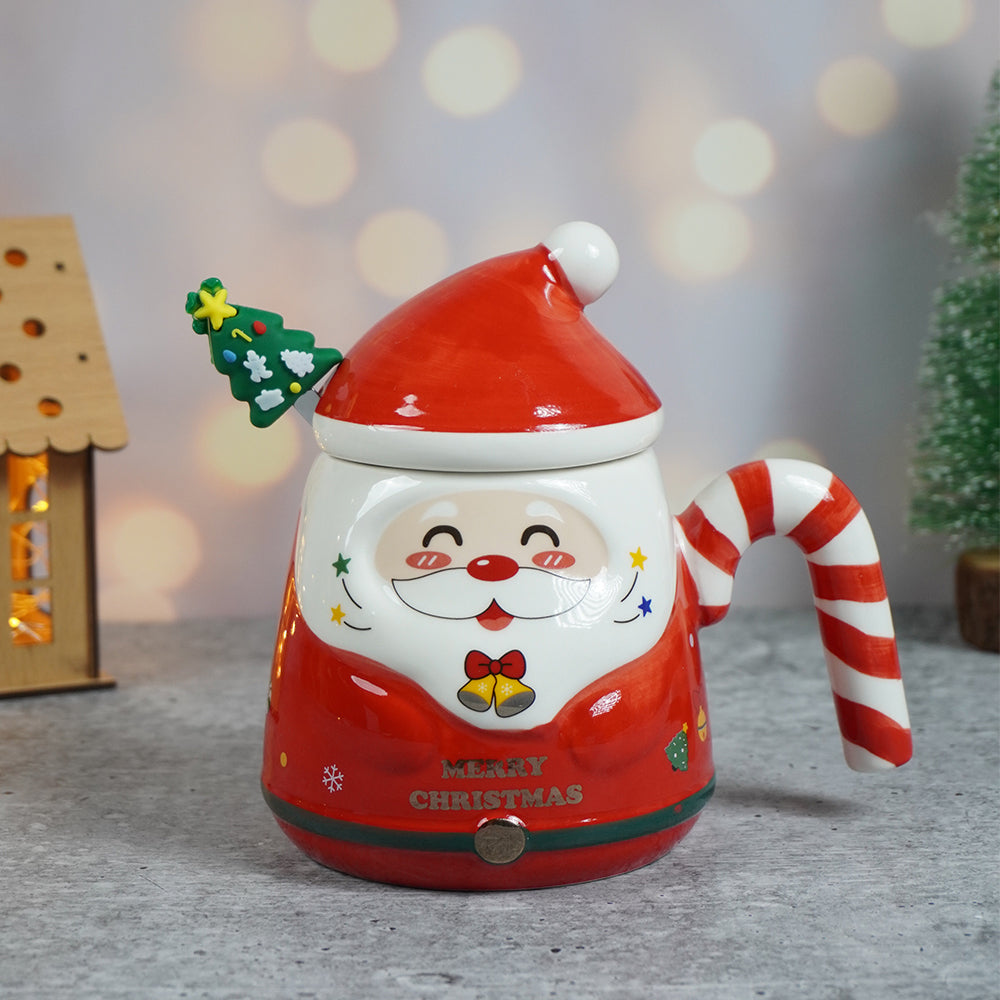 Red Santa Candy Cane Handle Ceramic Christmas Coffee Mug with lid and tree embellished Stainless Steel Spoon