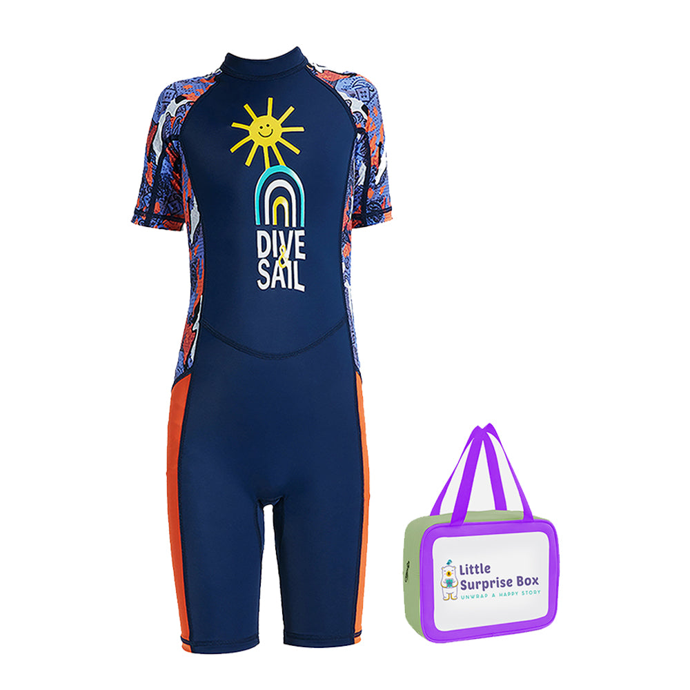 Half Sleeves Kids Swimwear Navy Blue & Orange Sunshine Printed Knee Length, UPF 50+ with  Free Washbag