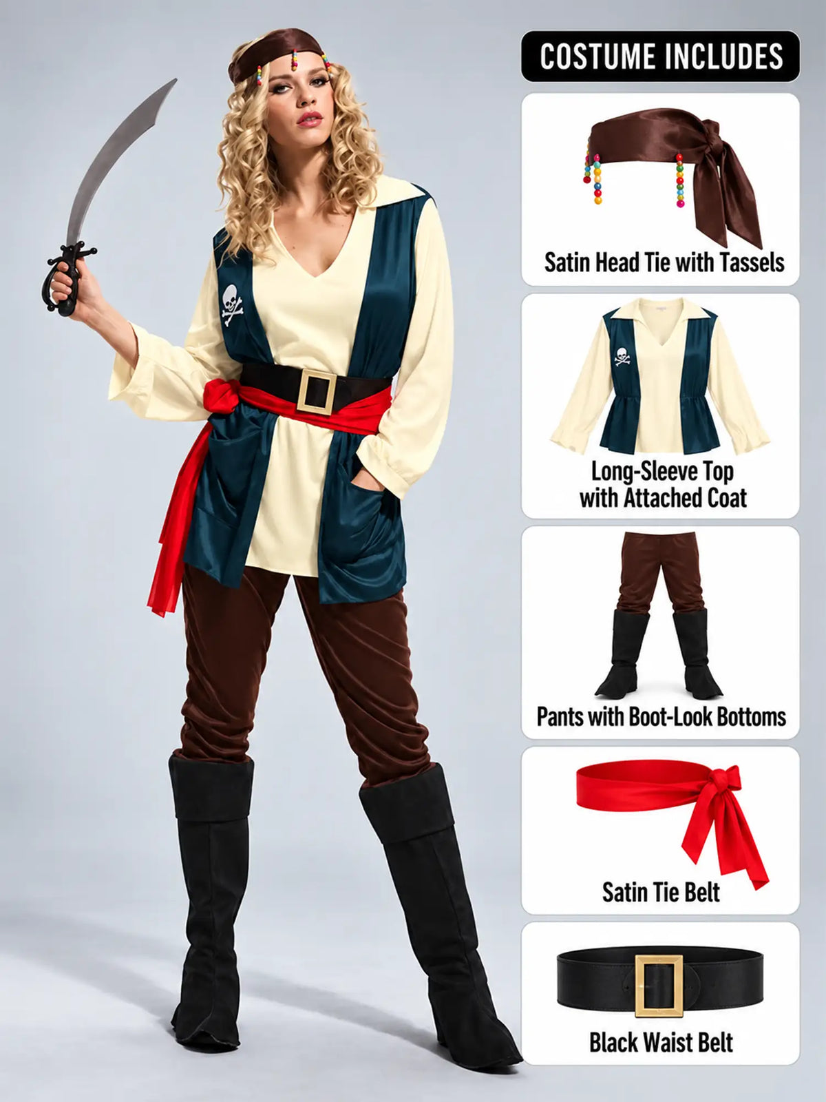 Green Coat Pirate Adult Halloween Costume Fancy Dress Up