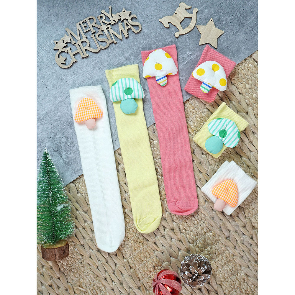 3pcs set of Pink, Cream & Yellow 3d enchanted Mushrooms Socks for Kids (3 Pairs sets)