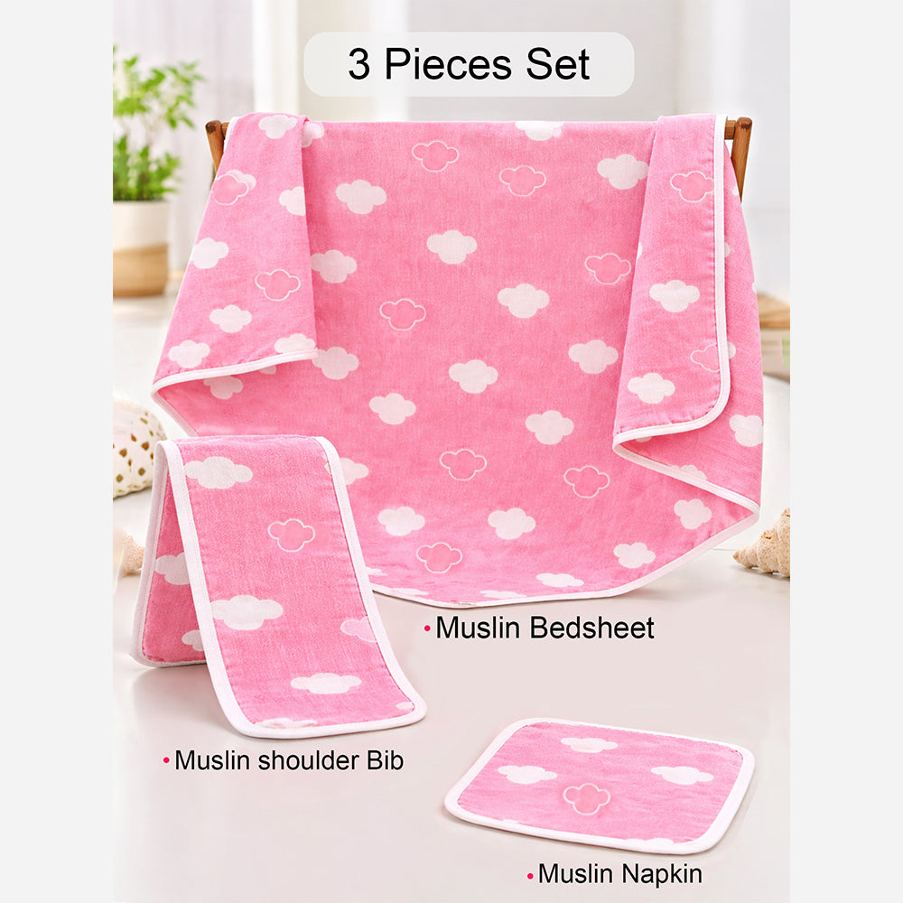 Pink Hearts Designed Organic Muslin Blanket, Bib and Napkin Matching Set