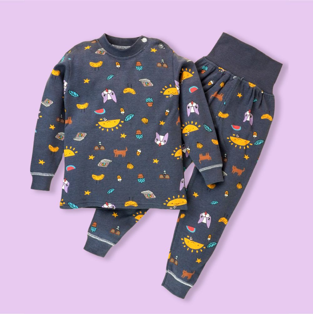 Dark Blue Cat, laptop, Banana Full sleeves tops & pants set Unisex Kids Wear