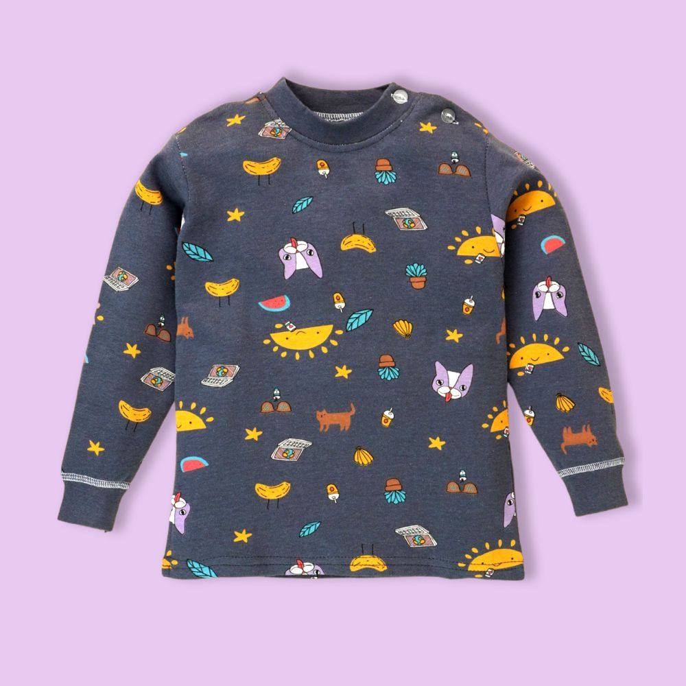 Dark Blue Cat, laptop, Banana Full sleeves tops & pants set Unisex Kids Wear