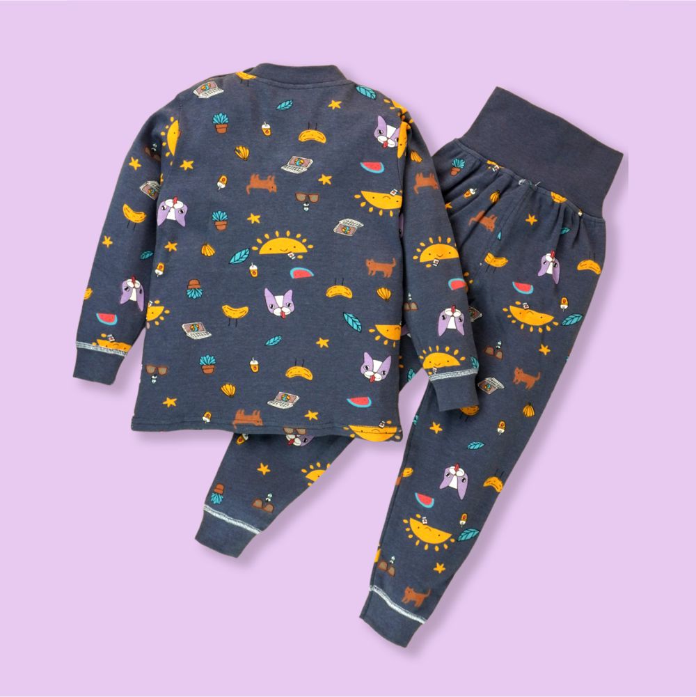 Dark Blue Cat, laptop, Banana Full sleeves tops & pants set Unisex Kids Wear