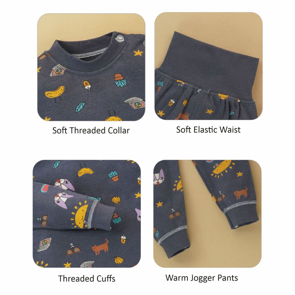 Dark Blue Cat, laptop, Banana Full sleeves tops & pants set Unisex Kids Wear