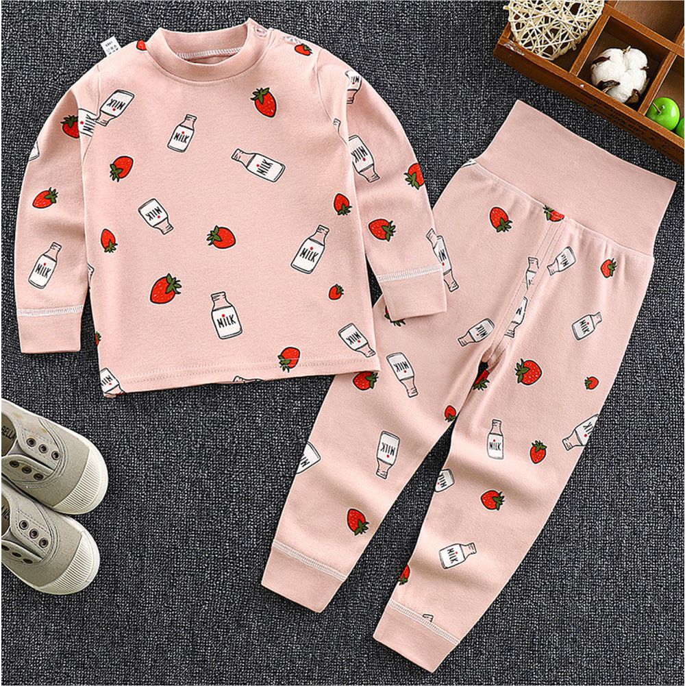Pink Strawberry & Milk Full sleeves tops & pants set Unisex Kids Wear