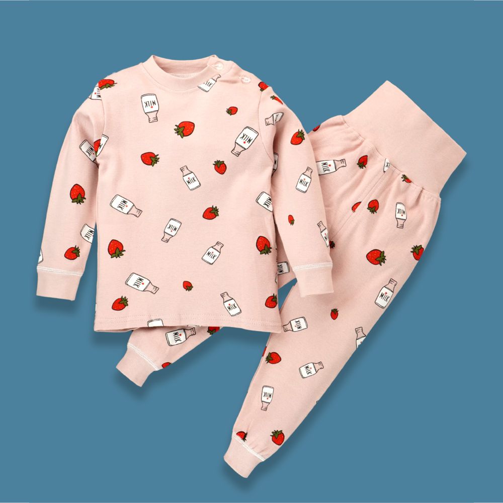 Pink Strawberry & Milk Full sleeves tops & pants set Unisex Kids Wear