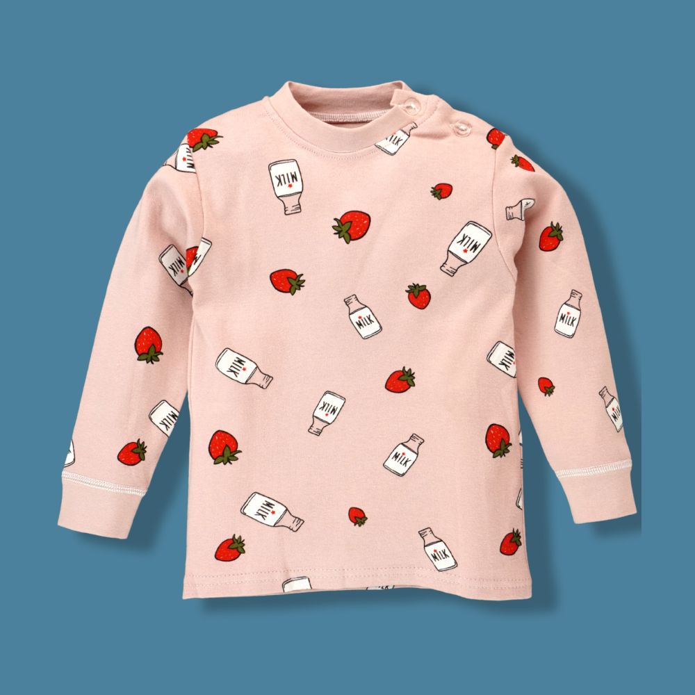 Pink Strawberry & Milk Full sleeves tops & pants set Unisex Kids Wear