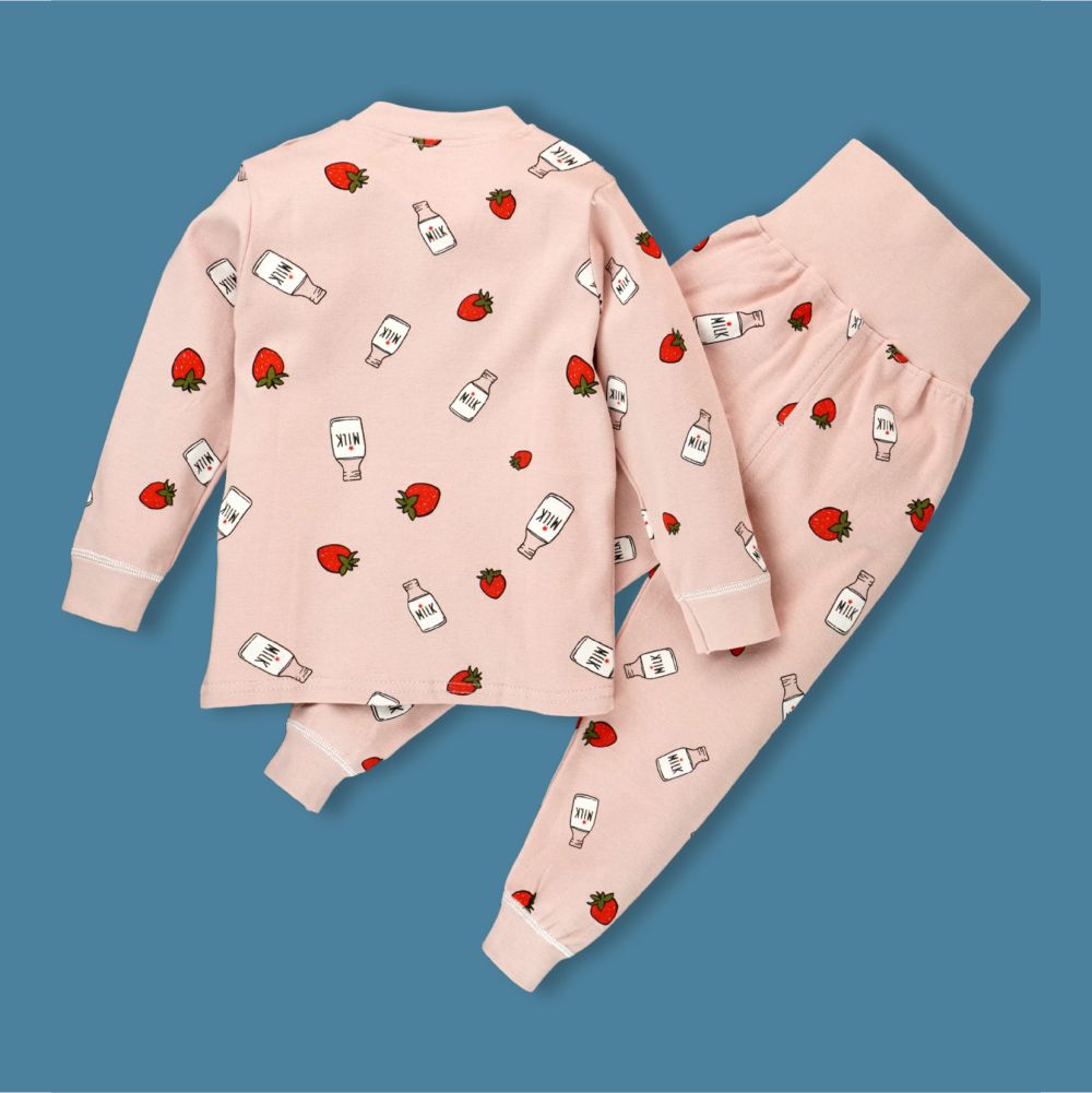 Pink Strawberry & Milk Full sleeves tops & pants set Unisex Kids Wear