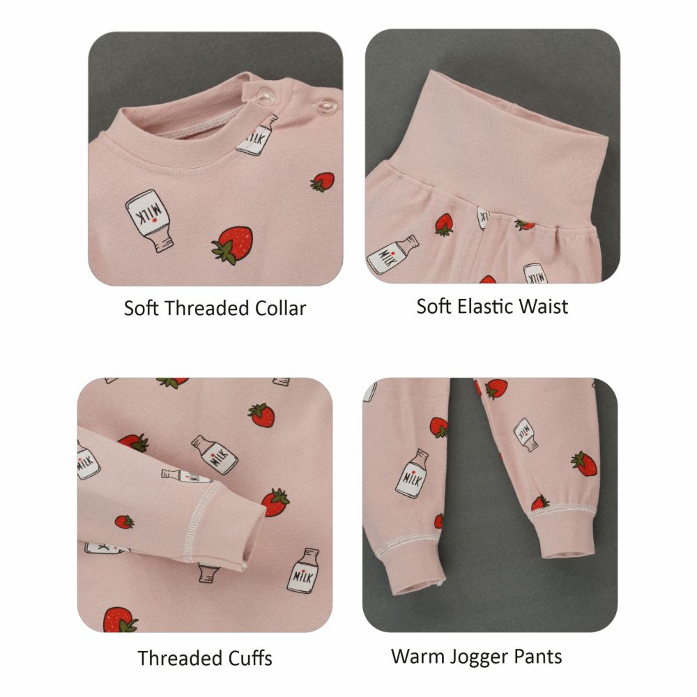 Pink Strawberry & Milk Full sleeves tops & pants set Unisex Kids Wear