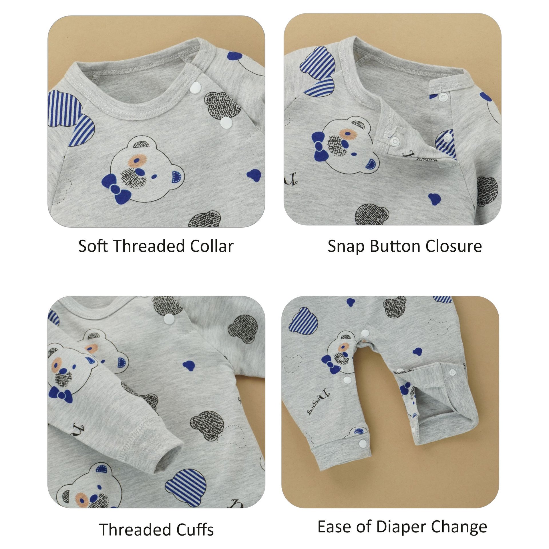 Grey Bear Face Print Romper Unisex Kids Wear
