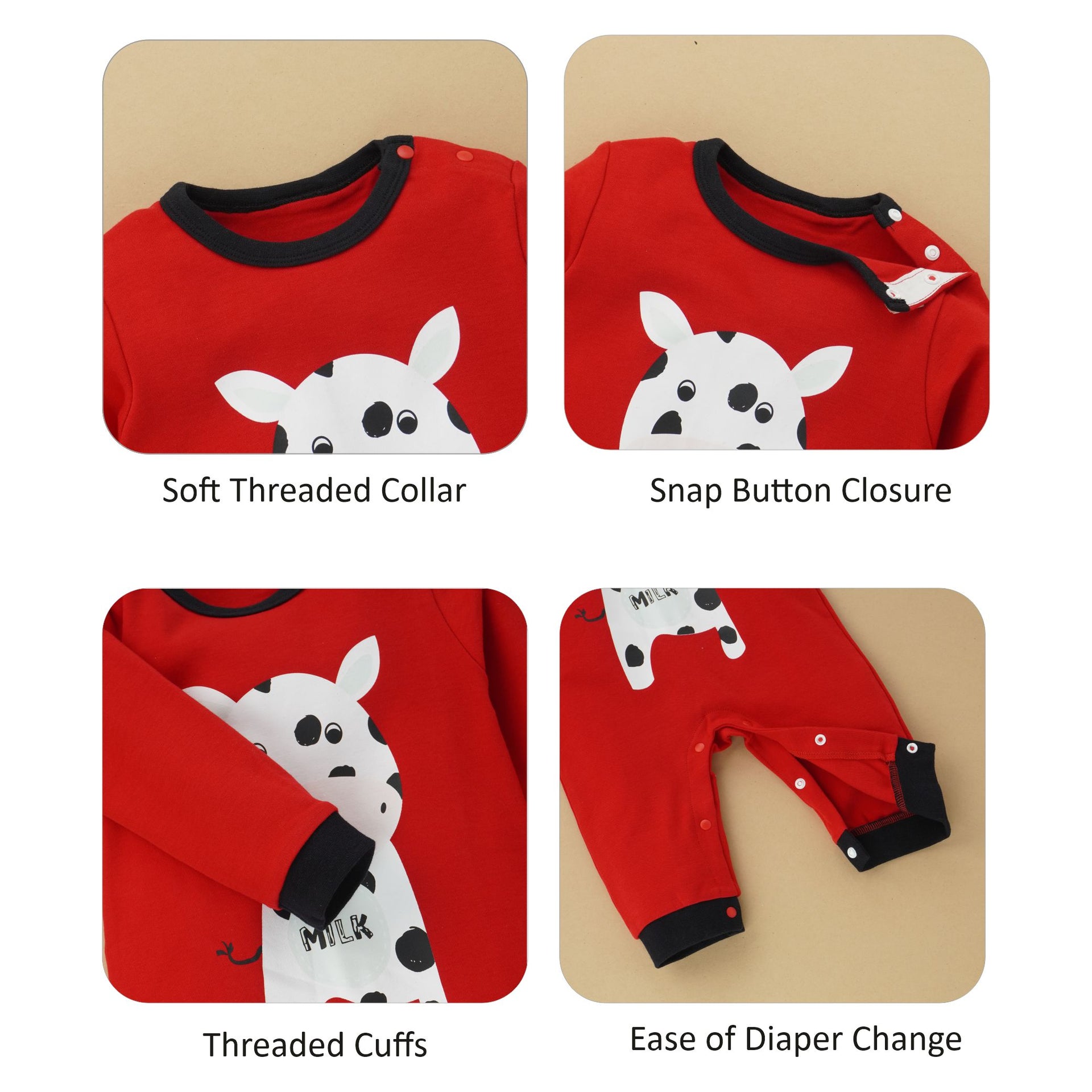 Red Romper with White Cow Print, 2-3 years Unisex Kids Wear