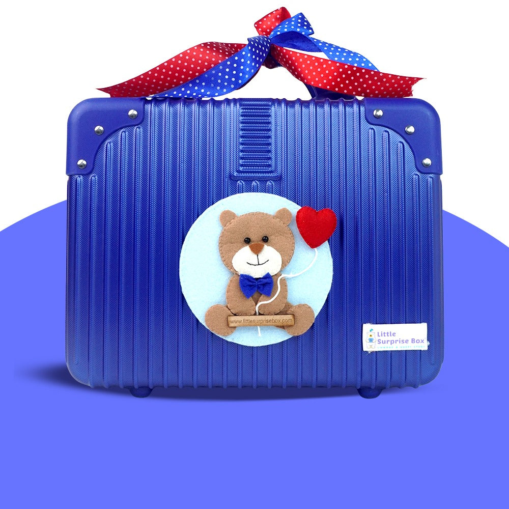 19 pcs Royal Blue Bow Teddy Birthday Gift Hamper set for Baby with travelling suitcase