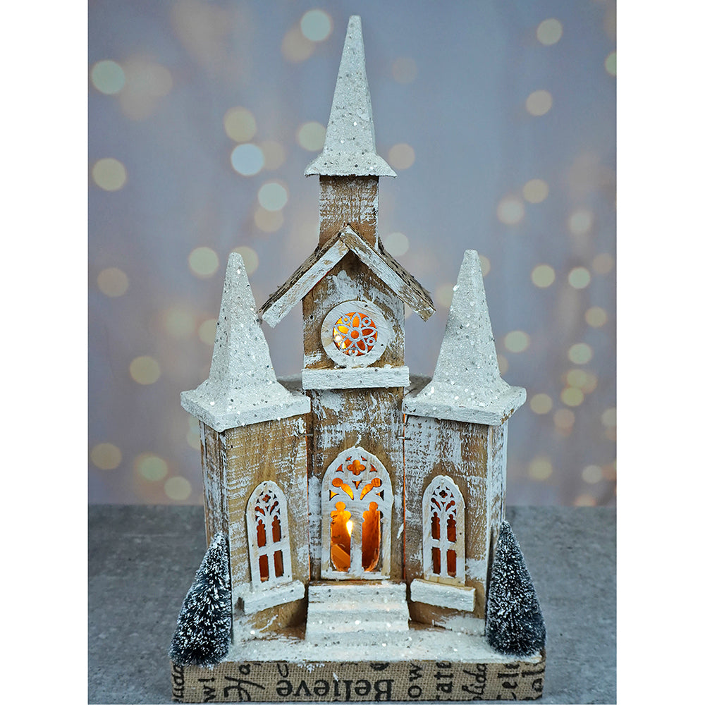 Snow Dusted Wooden Church Christmas Table Decor