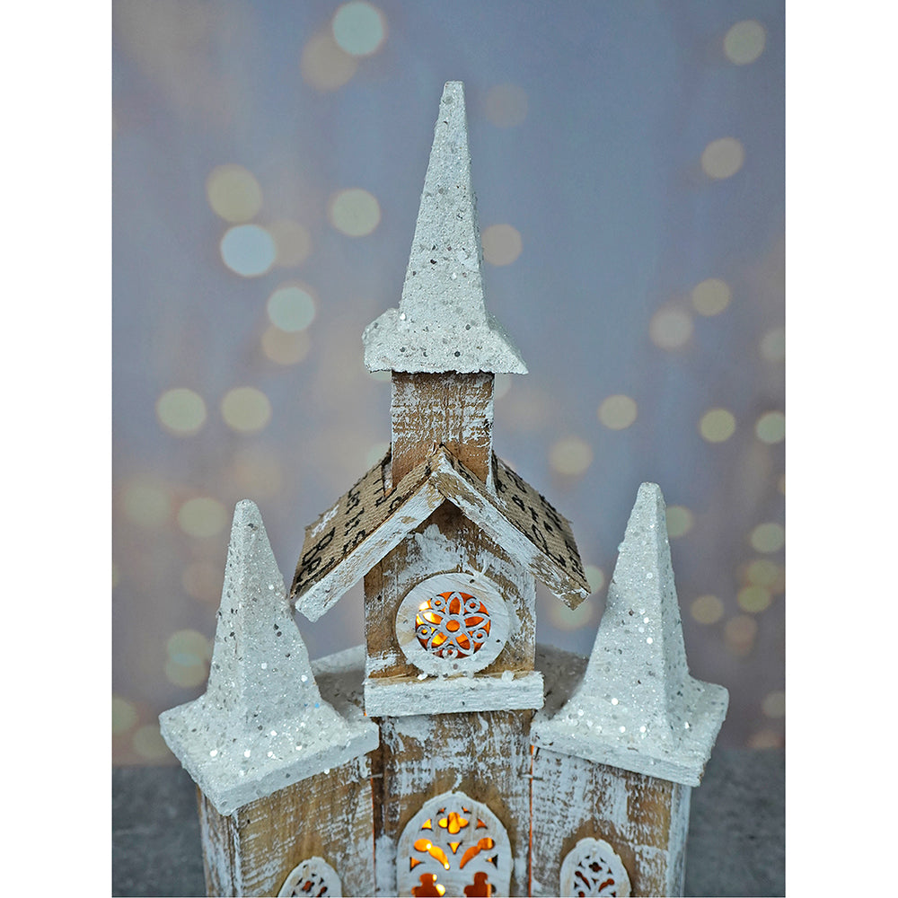 Snow Dusted Wooden Church Christmas Table Decor