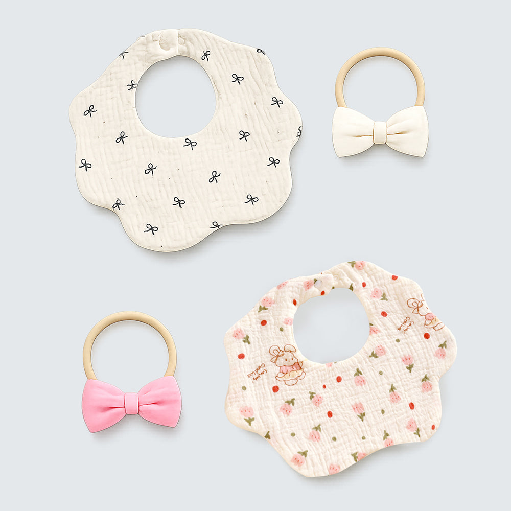 2PCS Bow & Bunny Print Petal Style Muslin Bibs Set with Bow Hair band, Muslin Adjustable Button Closure & Wide Shoulder Size Bibs