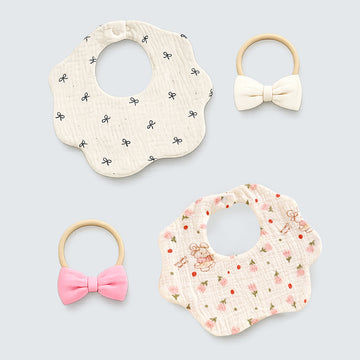 2PCS Bow & Bunny Print Petal Style Muslin Bibs Set with Bow Hair band, Muslin Adjustable Button Closure & Wide Shoulder Size Bibs