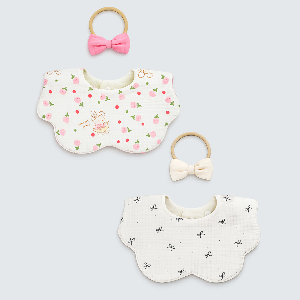 2PCS Bow & Bunny Print Petal Style Muslin Bibs Set with Bow Hair band, Muslin Adjustable Button Closure & Wide Shoulder Size Bibs