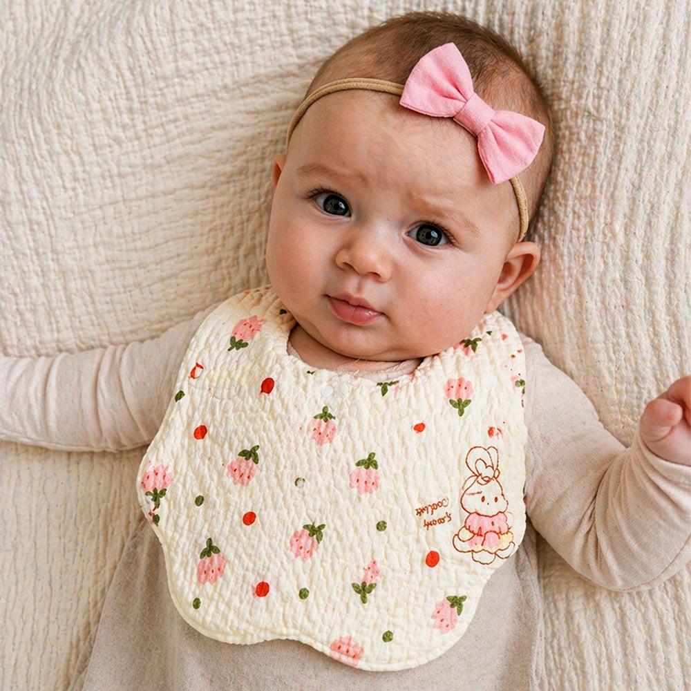 2PCS Bow & Bunny Print Petal Style Muslin Bibs Set with Bow Hair band, Muslin Adjustable Button Closure & Wide Shoulder Size Bibs