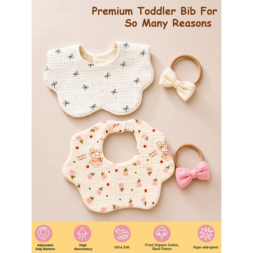2PCS Bow & Bunny Print Petal Style Muslin Bibs Set with Bow Hair band, Muslin Adjustable Button Closure & Wide Shoulder Size Bibs