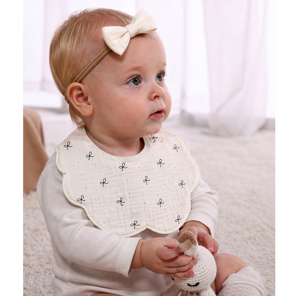 2PCS Bow & Bunny Print Petal Style Muslin Bibs Set with Bow Hair band, Muslin Adjustable Button Closure & Wide Shoulder Size Bibs